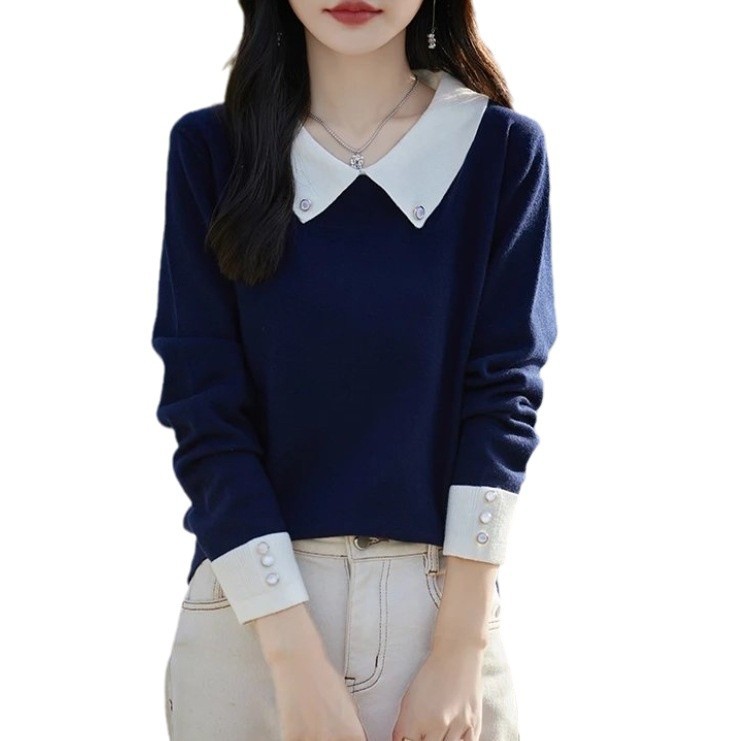 가을 2024 새로운 프랑스 틈새 빛 성숙한 명암 컬러 랩베이스 스웨터 여성의 우아한 슬림 긴 소매 탑