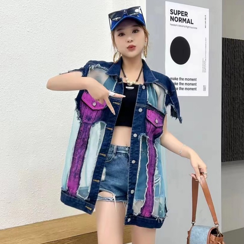 2024 primavera graffiti dibujos animados denim chaleco de malla de mujer empalme suelto chaqueta media larga marca de moda