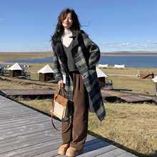 绿色格纹双面羊绒大衣女2025秋冬新款宽松复古牛角扣连帽毛呢外套