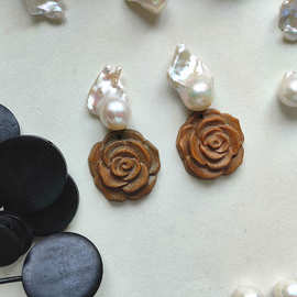 vintage中古檀木花朵天然淡水巴洛克珍珠银耳针耳夹女复古耳环