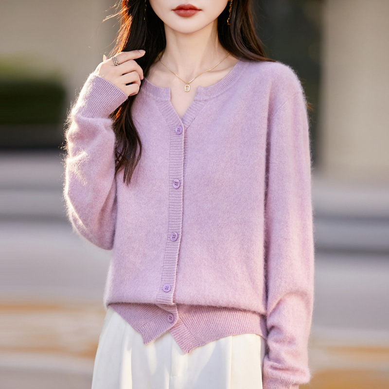 2025新款女士羊绒衫圆领开衫无缝一体100%纯羊毛衫拉毛羊绒毛衣|undefined