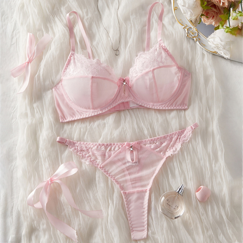Girly Pink Bow Bra Set, Sweet Lace Bra and Triangle Panties, Pure Lust Temptation Lingerie Set