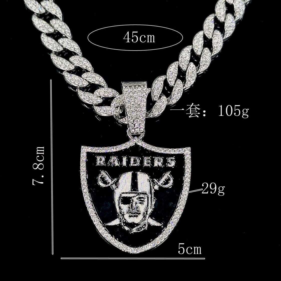 Colgante de escudo completo de cadena cubana Raiders HIP HOP Oakland Raiders logotipo colgante de cadena cubana