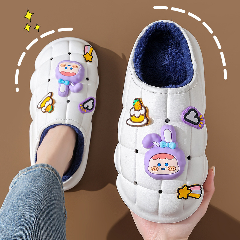 Pareja de invierno Zapatillas de algodón bolsa de mujer talón forrado de lana cálido hogar peludo dibujos animados impermeable slip-on zapatos de algodón de suela gruesa hombres