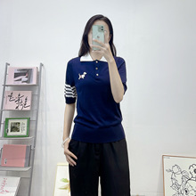 TB2025夏季新款莱赛尔羊毛针织衫女小狗提花POLO领短袖T恤薄上衣