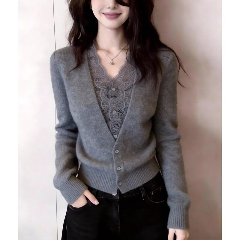 French-style lace-spliced knitted cardigan for women, gray V-neck versatile niche sweater, versatile top, regular fit French-style lace-spliced knitted cardigan for women, gray V-neck versatile niche sweater, versatile top, regular fit