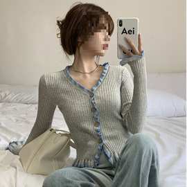 春秋新款大码胖妹妹木耳边V领针织开衫外套女外穿洋气上衣打底衫