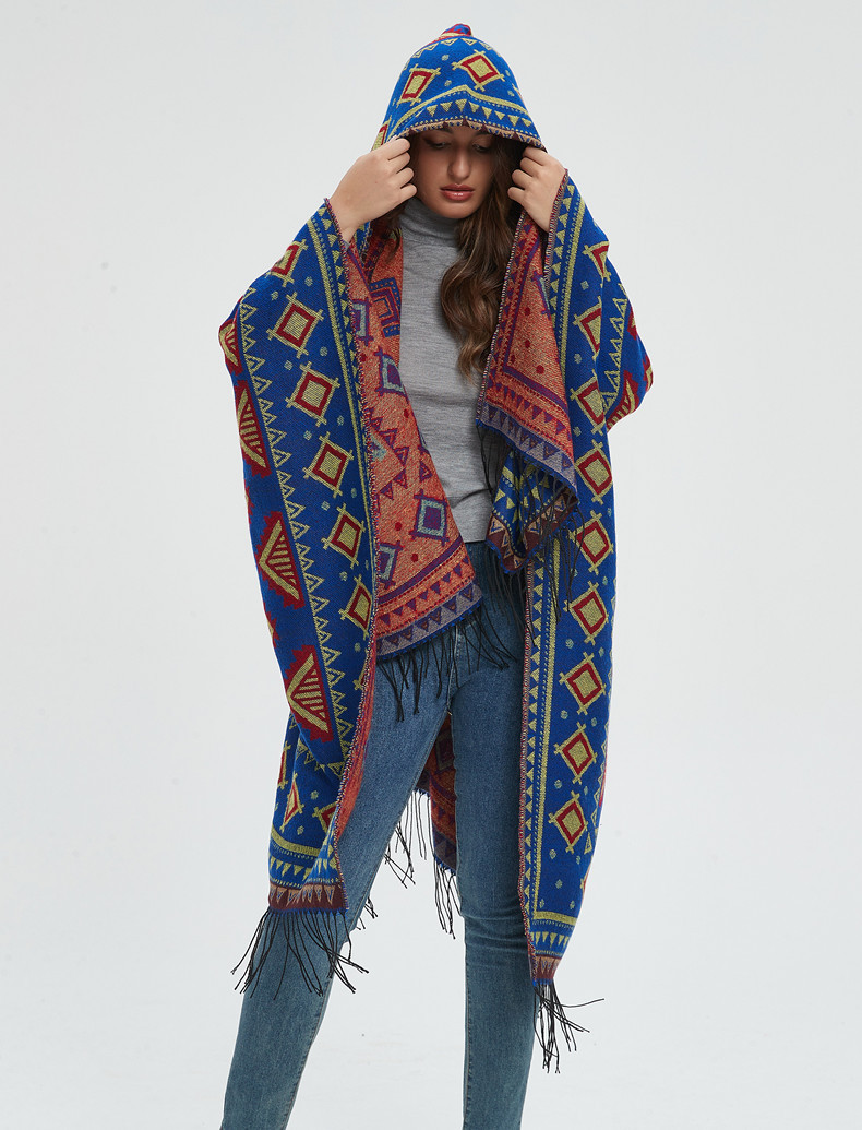 Unisex Hooded cape Winter travel jacquard fringed shawl for women_viptrois.com