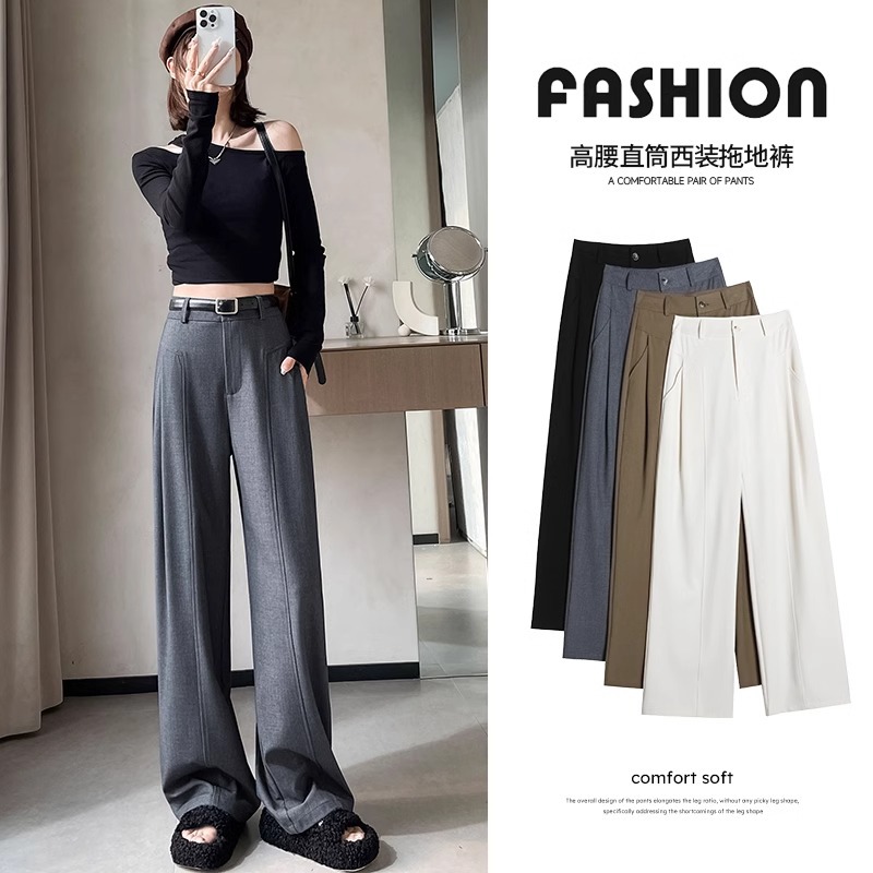 Trajes grises de alto nivel, pantalones de piernas largas, primavera de 2025, nuevos pantalones casuales de cintura alta y colgante.