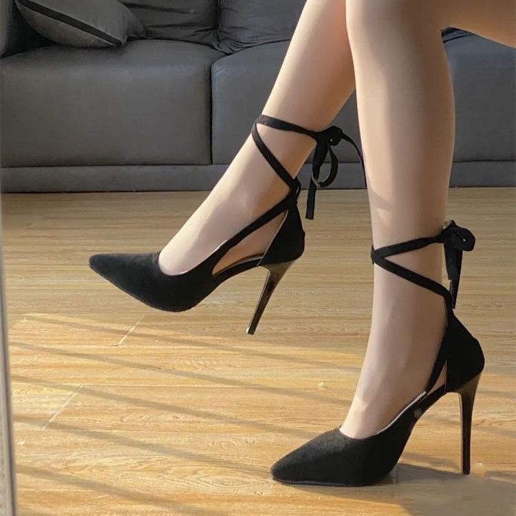 Strappy high heels black spring and autumn 2023 new temperament niche design single shoes stiletto strappy sandals for women summer_voghion.com