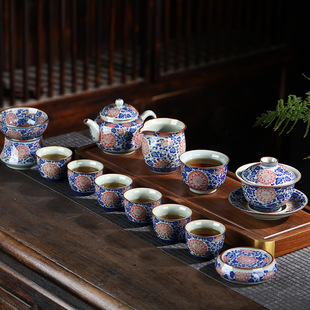 Jingdezhen Ceramic Kung Fu Tea Set Large Set of Old Ceramic Mud Open Pieces Blue and Flower Underglaze Red Wrapping Zhilian Tea Set for Elders