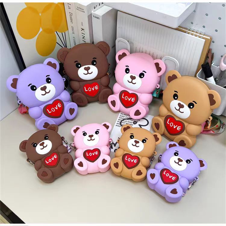 2024 New Silicone bag cartoon coin purse cute LOVE bear decompression messenger bag for women