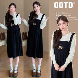 2025秋季新款韩版时尚网红可爱刺绣减龄假两件孕妇可哺乳连衣裙