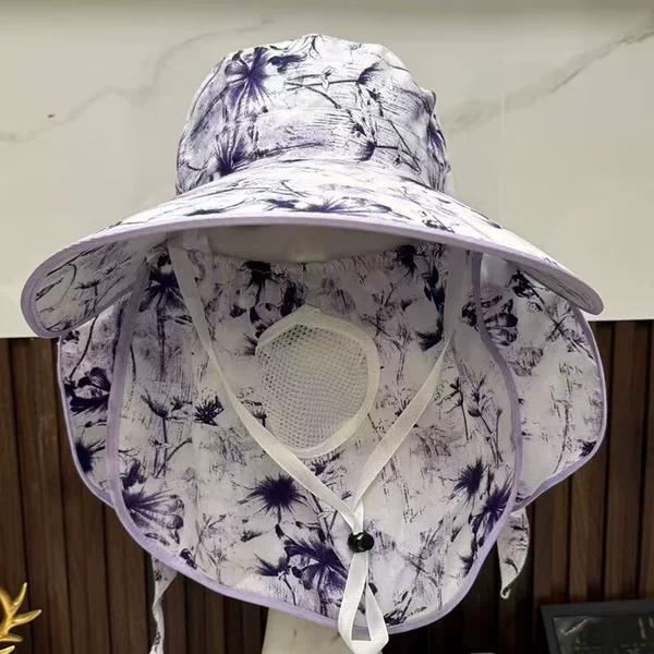 Thin Large-Brimmed Sun Protection Hat for Women, Outdoor Farm Work Tea Picking Hat, Shawl, Face Covering, Neck Protection, Chiffon Hat
