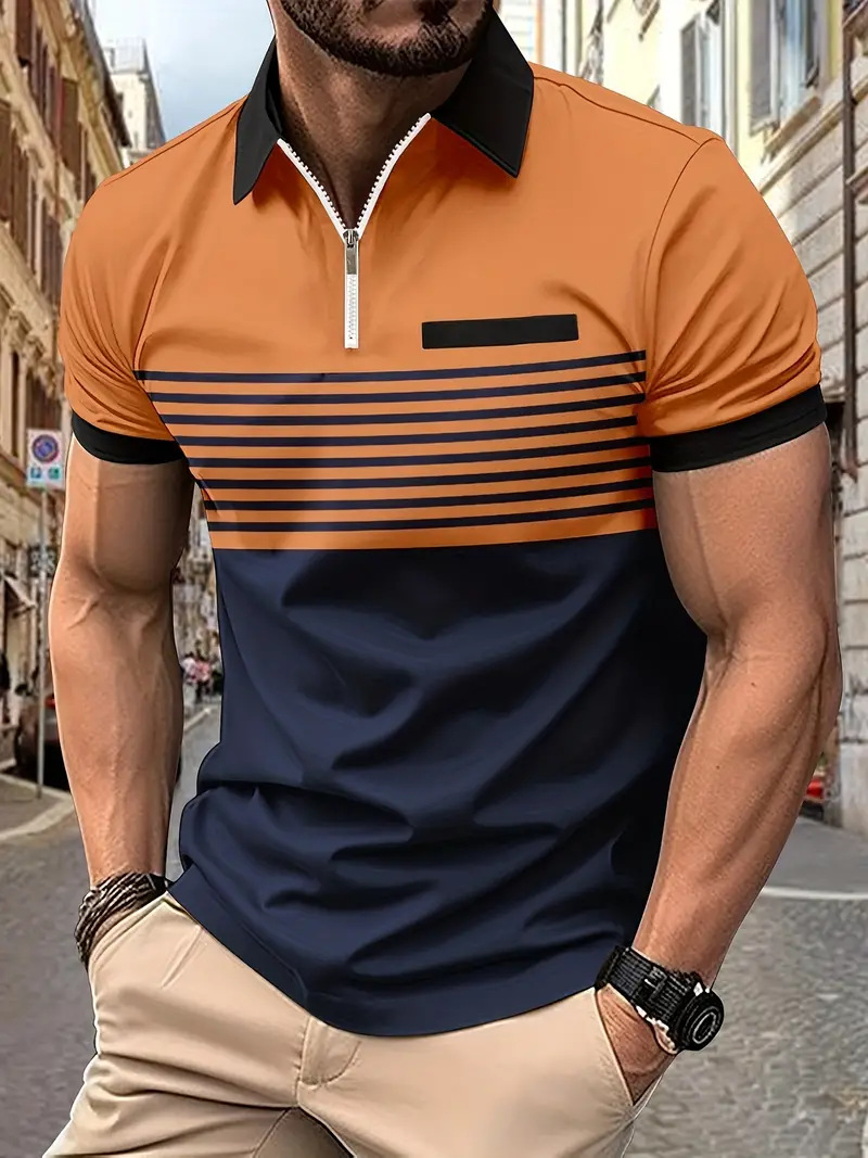 Striped Polo Shirt For Men With Turn-down Collar And Zipper_voghion.com