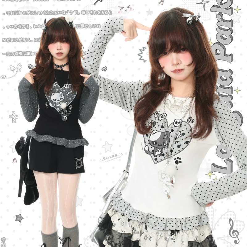 【1*1 40-count cotton 210g】Heart patch embroidery + polka dot print raglan sleeve long-sleeve T-shirt for women
