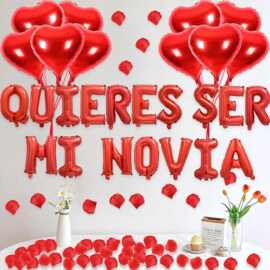 红色字母QUIERES SER MI NOVIA 西语情人结字母气球婚庆情人节派
