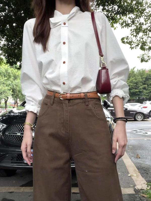 韩系复古高级感白色衬衫女春秋设计感简约宽松显瘦翻领衬衣外套穿|undefined