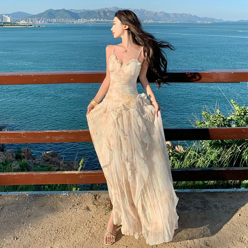 Birthday Party High-End Heavy-Duty Dress Skirt Romantic Embroidered Printed Ruffle Dress Fairy French Long Skirt