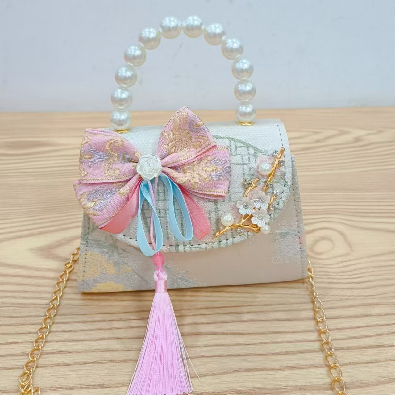 Bolso de princesa de estilo chino bolso de cadena bolso de perla bolso de mano para niñas bolso de accesorios de ropa de vestir regalos del día del niño