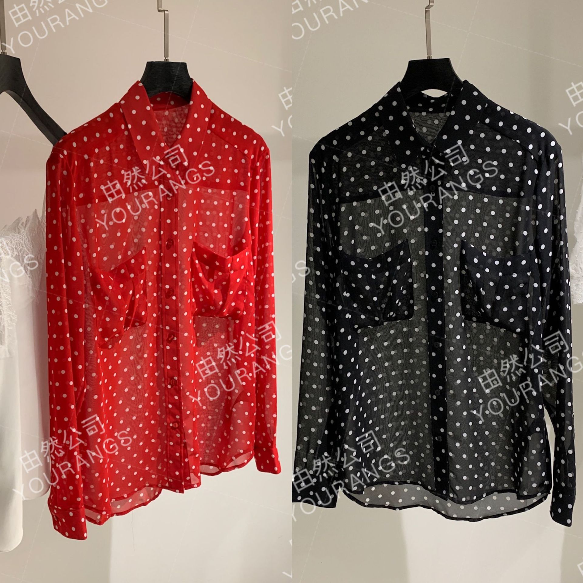 [Kui Qing 95] 클래식 프렌치 홍콩 스타일 분위기 높은 트위스트 쉬폰 웨이브 도트 프린트 셔츠