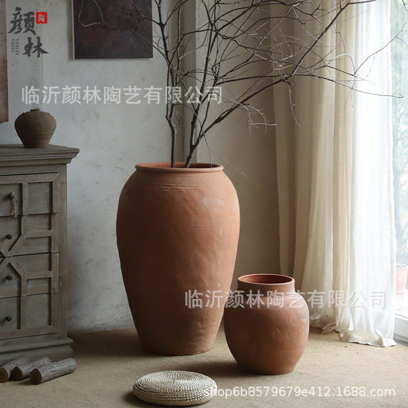 Jiaxiang Feng red set de tres piezas gran vasija de cerámica gran vasija de cerámica paisaje vasija de cerámica decoración residencial cerámica hecha a mano