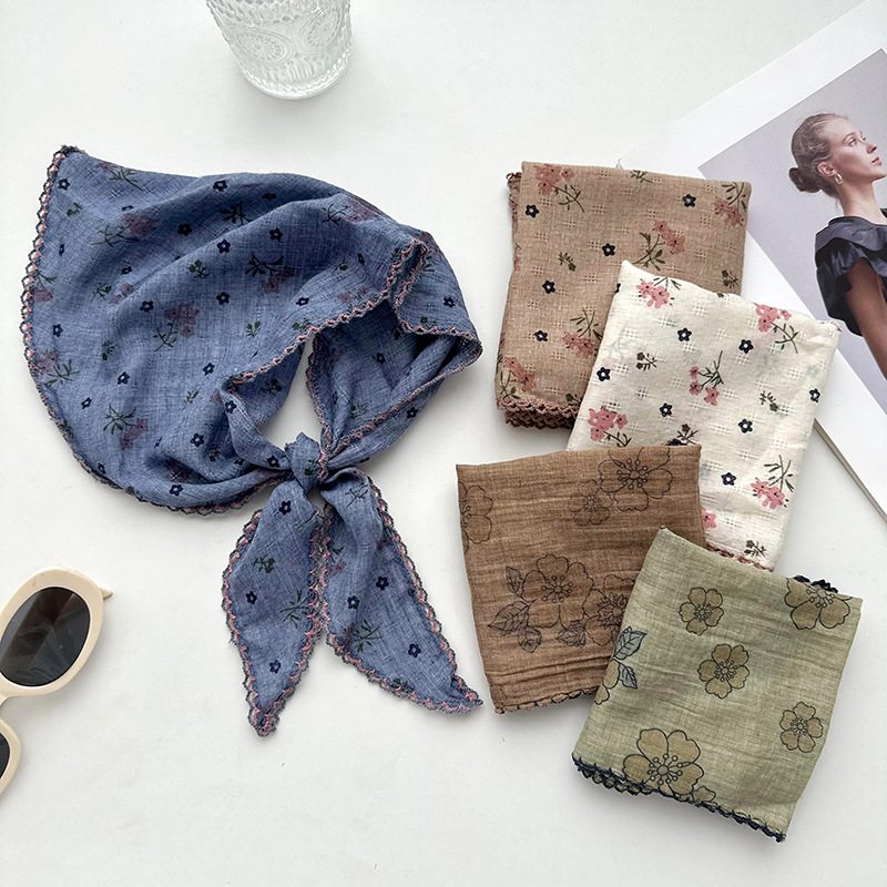 Pastoral viento de flores de encaje triángulo turbante de mujer de verano retrógrado francés de playa bufandas de seda protector solar correa de pelo