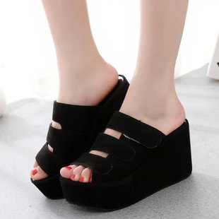 Fashion slippers large size Korean version Velcro high heel frosted women's slippers spring and summer thick bottom wedge sandals