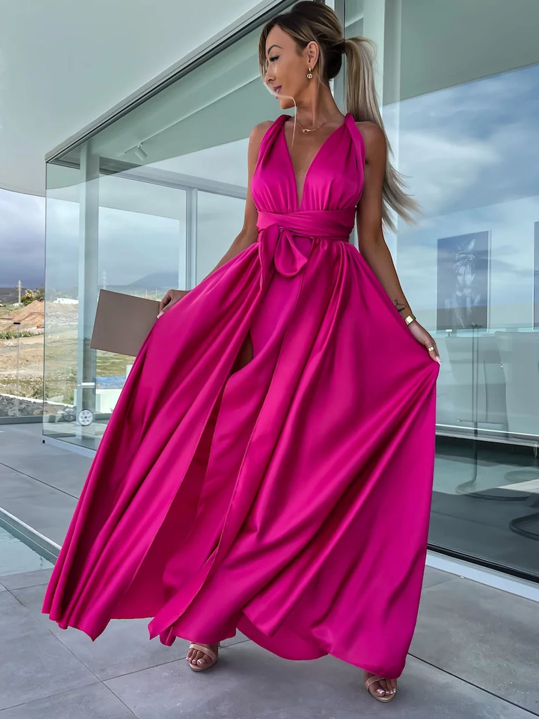 Elegant Solid Color V Neck Sleeveless Patchwork Polyester Maxi Long Dress Super Large Swing Skirt display picture 8