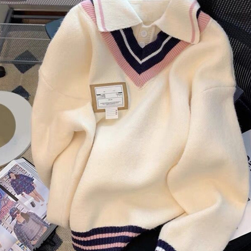 2025 new college style polo collar sweater women plus size fat sister loose navy collar lazy sweater wholesale