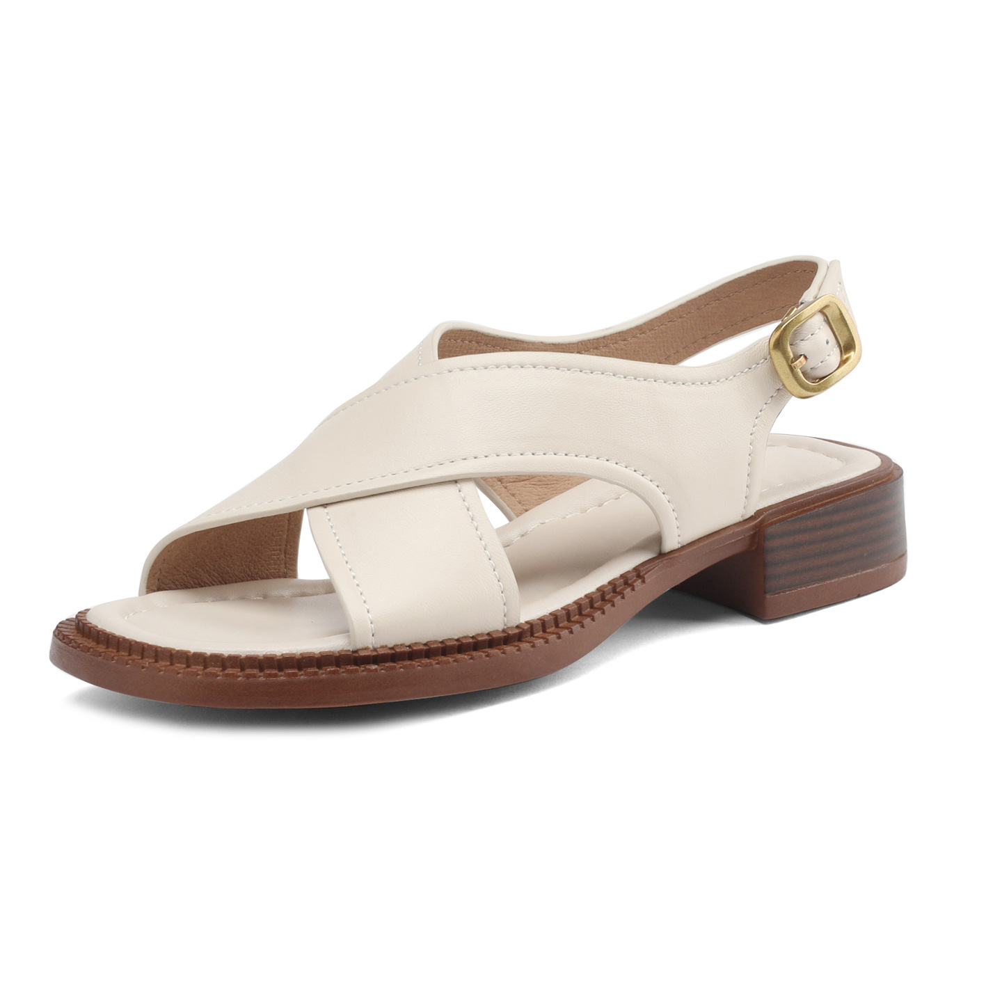 Sandal hở mũi nữ gót thấp 3.5 cm quai chéo da cừu phong cách La Mã — màu trắng ngà