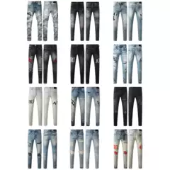 AM European-American Style Letter Embroidery Men's Distressed Patch Jeans Trendy Casual Button-Fly Denim Pants