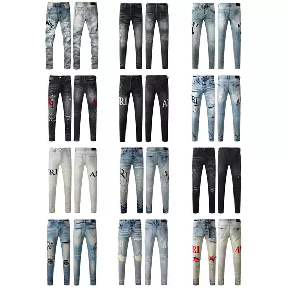 AM European-American Style Letter Embroidery Men's Distressed Patch Jeans Trendy Casual Button-Fly Denim Pants