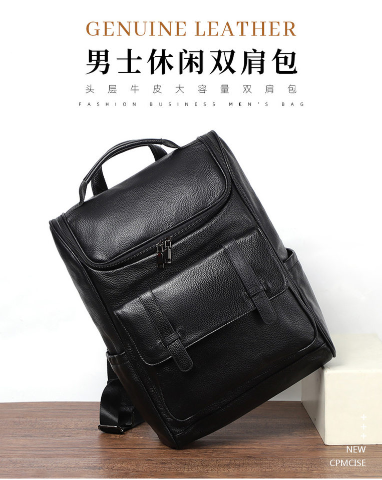 Ba lô da bò lớp đầu da thật 42×15×30 cm, túi đựng laptop dung lượng lớn đa năng đi du lịch ngoài trời — Màu đen chi tiết 1