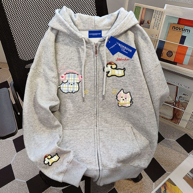 Sweet, Cute and Fresh Cartoon Velvet Hooded Sweatshirt for Women in Autumn and Winter Loose and Slim Popular Zipper Cardigan Jacket Sweet, Cute and Fresh Cartoon Velvet Hooded Sweatshirt for Women in Autumn and Winter Loose and Slim Popular Zipper Cardigan Jacket