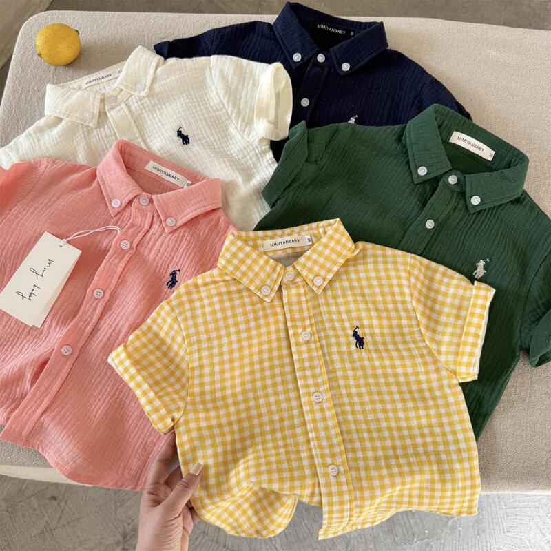 Cross-Border Foreign Trade Short-Sleeved Shirt 2025 Boys' Japanese Trendy Brand Pony Plaid Shirt Stylish Top for Babies