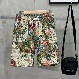 2024新款彩绘玫瑰短裤男士夏季个性沙滩裤时尚满印花卉休闲五分裤