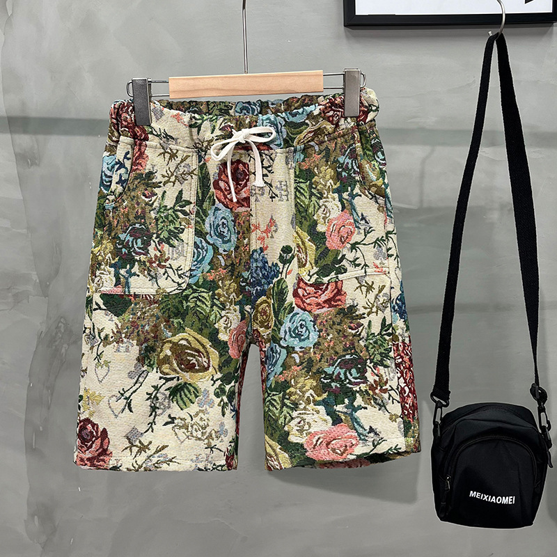 2024 New Arrival Painted Rose Shorts Men's Summer Distinctive Beach Pants Fashion Full Print Flower Casual Pants
