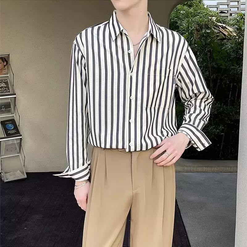 东南亚跨境供应工厂直销男士长袖衬衫轻熟风条纹痞帅高级感衬衣潮