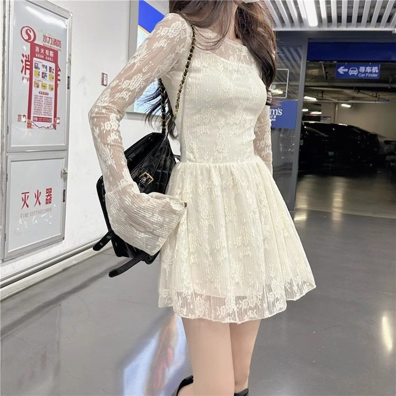 韩系奶杏色收腰A字短裙女早秋新款温柔风气质辣妹蕾丝长袖连衣裙|undefined