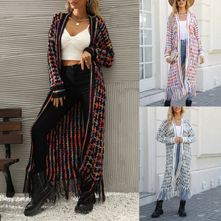 2025 Spring New Style European and American Export Large Size Tassel Long Cardigan Outwear Sweater Cross-Border Popular Women's Clothing Wholesale