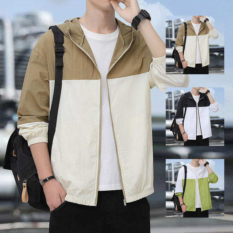 Ice Silk Quick-Drying Sun Protection Clothing for Men in Summer, Men's Hooded Thin Jacket, Contrasting Color Outdoor Breathable Fishing Sun Protection Clothing