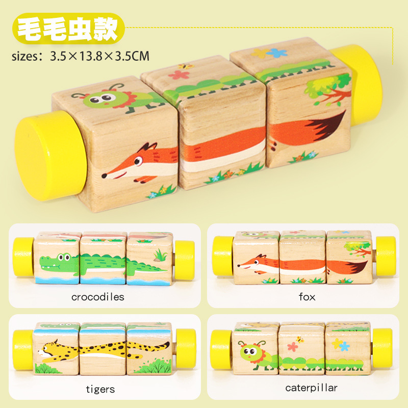 Bloques de Rompecabezas Tridimensionales Transfronterizos, Animales de Dibujos Animados, Frutas y Verduras, Transporte, Juguetes Educativos para Niños, Rompecabezas Giratorio de Madera