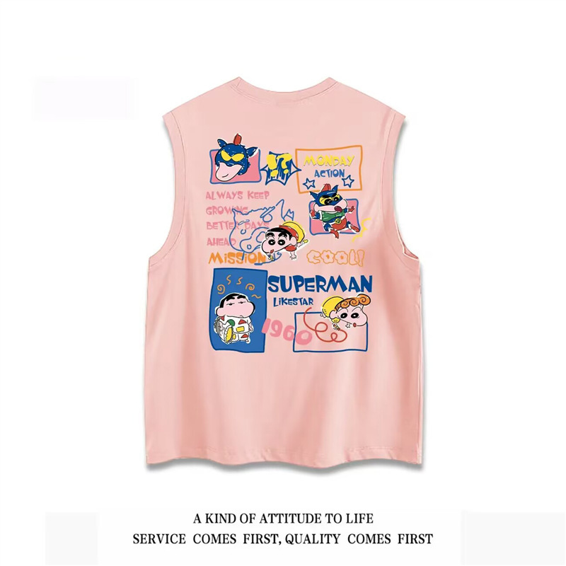 Heavy WeighT CoTTon Japanese STyle CarToon PrinTed Sleeveless VesT for Men and Women Preppy STyle Summer ins Loose Casual WaisTcoaT T-shirT
