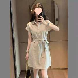 夏季新款韩式休闲风翻领短袖衬衫裙女装收腰A字连衣裙感T恤裙