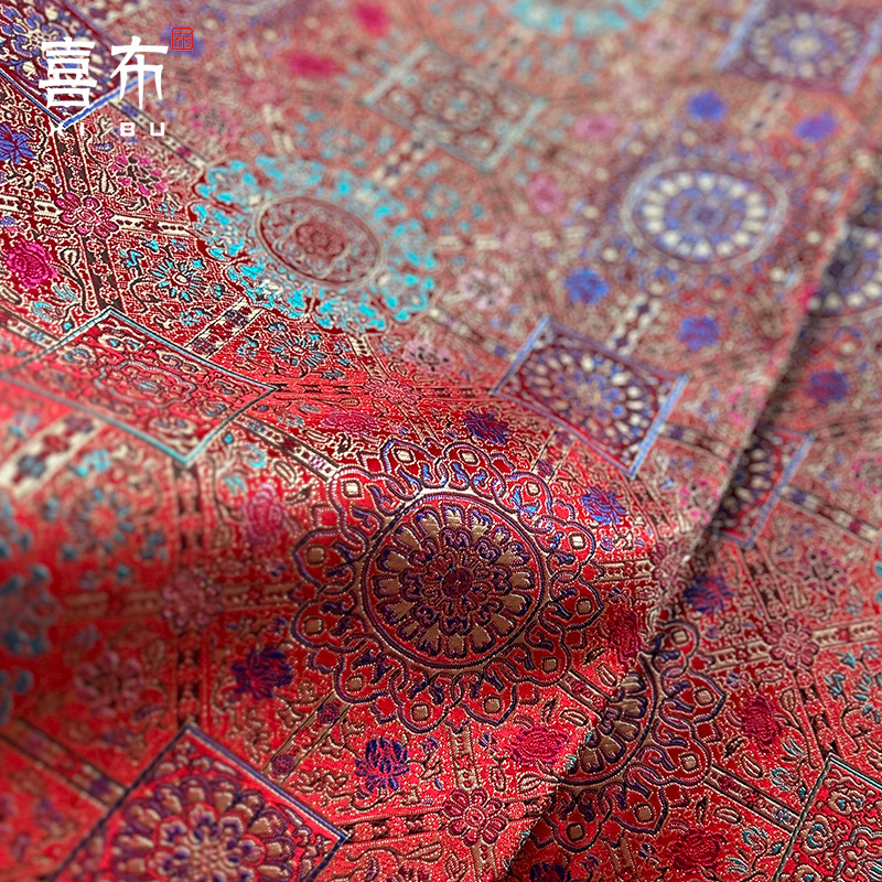 中国红大红色相纹杨幂款织锦缎提花面料古装汉服装群绸缎布料