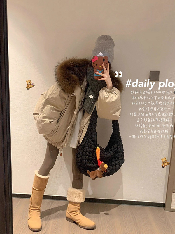 牛角扣大毛领连帽棉服外套女冬季韩系小个子加厚工装派克服|undefined