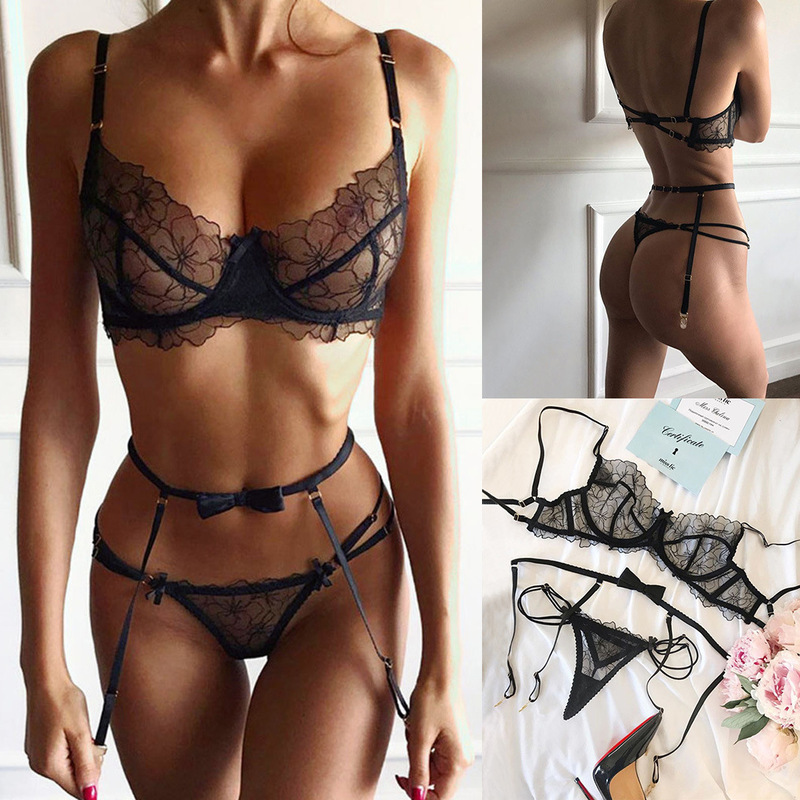 High quality European and American embroidered sexy lingerie bra Garter thong three-piece set perspective embroidery sexy lingerie High quality European and American embroidered sexy lingerie bra Garter thong three-piece set perspective embroidery sexy lingerie