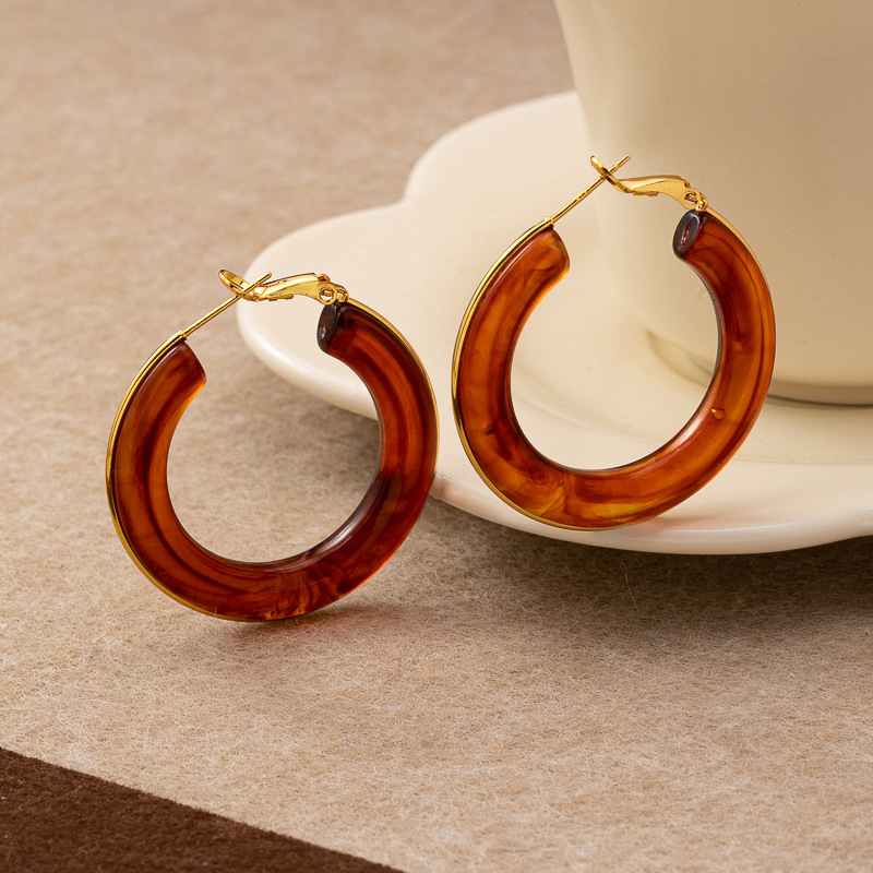 Maillard Niche Resin Circle Geometric Silver Needle Earrings Fashionable Electroplating Retro Elegant High-End Earrings for Women