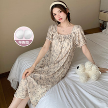 夏季仿棉短袖公主风长睡裙女带胸垫甜美少女性感连衣裙睡衣家居服